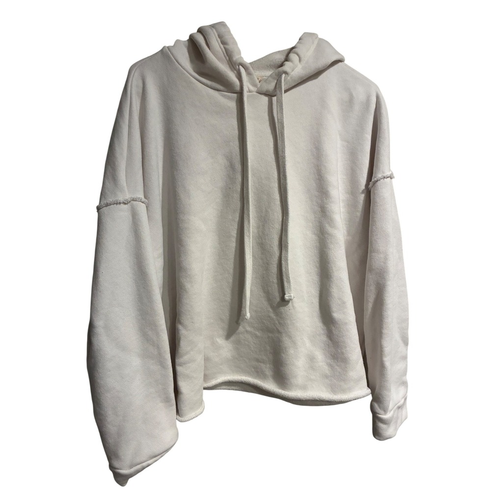 Eileen Fisher Organic Cotton Hoodie Cream White Raw Edge Cropped Sweatshirt XS